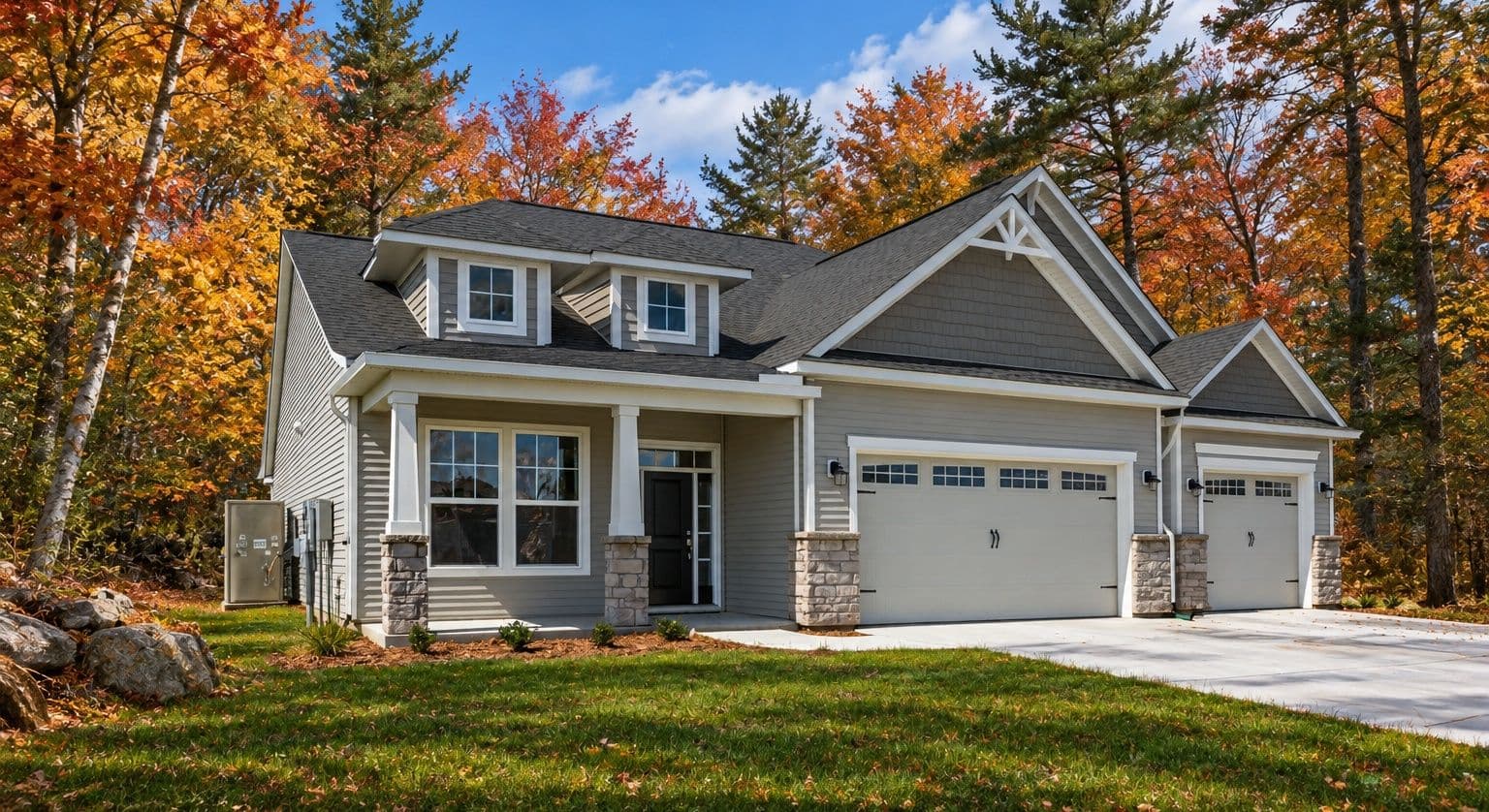 Contemporary two-story home with gray siding, white trim, and two-car garage surrounded by autumn foliage and evergreen trees